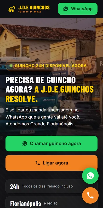 Primeira tela do site de demonstração J.D.E Guinchos, de Florianópolis, SC