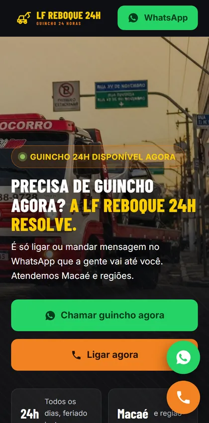 Primeira tela do site de demonstração LF Reboque 24h, de Macaé, RJ